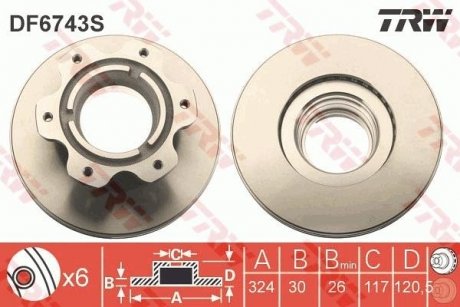 Тормозной диск задний левая/правая MERCEDES VARIO 2.9D/4.2D/4.3D 09.96- TRW DF6743S (фото 1)