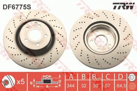 Гальмівний диск передня ліва/права (високовуглецевий) MERCEDES C (C204), E (A207), E (C207), E T-MODEL (S212) 1.8-5.5 01.09- TRW DF6775S (фото 1)