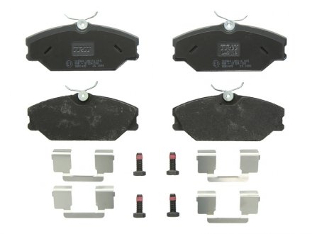 Комплект гальмівних колодок передня (з комплектуючими; з гвинтами гальмівного супорта) RENAULT CLIO II, LAGUNA I, MEGANE I, MEGANE I CLASSIC, MEGANE I COACH, MEGANE SCENIC, SAFRANE II 1.4-3.0 11.93- TRW GDB1405