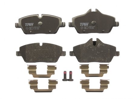 Комплект гальмівних колодок передня (з комплектуючими; з гвинтами гальмівного супорта) BMW 1 (E81), 1 (E82), 1 (E87), 1 (E88); MINI (F56), (R50, R53), (R56), (R57) 1.2-2.0D 06.04-10.17 TRW GDB1611