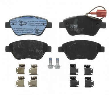 Комплект тормозных колодок передняя (с комплектующими, с винтами тормозного суппорта) ALFA ROMEO MITO; CHRYSLER DELTA; FIAT 500, 500 C, FIORINO/MINIVAN, GRANDE PUNTO, LINEA, PANDA 0.9-1.6D 06.05- TRW GDB1654 (фото 1)