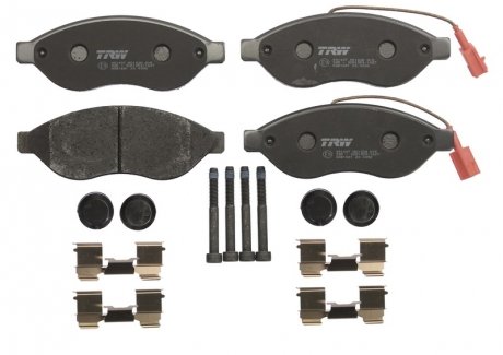 Комплект тормозных колодок передний (с комплектующими; с винтами тормозного суппорта) CITROEN JUMPER; FIAT DUCATO; PEUGEOT BOXER 2.0D-3.0D 04.06- TRW GDB1681 (фото 1)