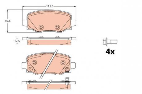 Комплект тормозных колодок задний (с комплектующими; с акустическим датчиком износа; с винтами тормозного суппорта) FIAT 500X; JEEP RENEGADE 1.0-2.4 07.14- TRW GDB2116