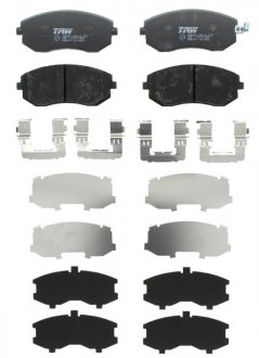 Комплект тормозных колодок передняя (с комплектующими; с акустическим датчиком износа) SUBARU FORESTER, IMPREZA, LEGACY IV, LEGACY V, OUTBACK 1.5-3.6 12.00- TRW GDB3371 (фото 1)