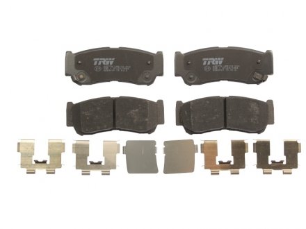 Комплект тормозных колодок задний (с комплектующими, с акустическим датчиком износа) HYUNDAI H-1, H-1/STAREX, SANTA FE II 2.2D-2.7 06.97-12.12 TRW GDB3419 (фото 1)