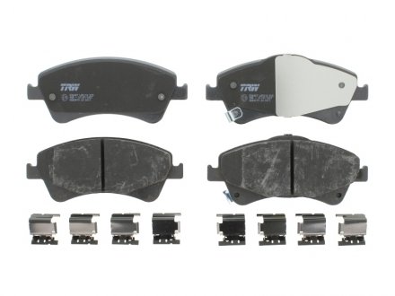 Комплект гальмівних колодок передня (з комплектуючими, з акустичним датчиком зносу) TOYOTA AURIS, AVENSIS, VERSO 1.6-2.2D 10.06-10.18 TRW GDB3479 (фото 1)