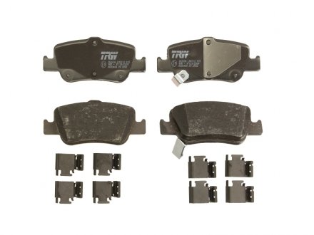 Комплект задних тормозных колодок (с комплектующими, с акустическим датчиком износа) TOYOTA AURIS, COROLLA 1.3-2.2D 10.06-12.18 TRW GDB3480 (фото 1)
