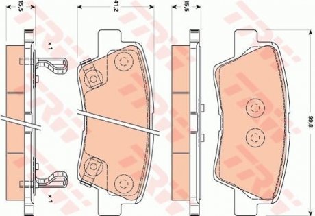 Фото автозапчастини комплект гальмівних колодок задній HYUNDAI ELANTRA, SANTA FE I, SONATA IV, SONATA V, TUCSON, XG; KIA MAGENTIS, OPIRUS, SPORTAGE; SSANGYONG KORANDO 1.6-3.8 03.98- TRW GDB3495 (фото 1)