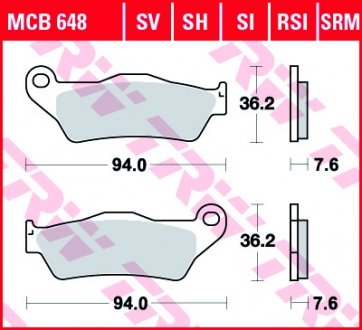 Фото автозапчасти тормозные гоночные колодки off-road sinter ALFER AR, NO LIMIT, VR; APRILIA MX, NA, PEGASO, RST, RX, SRV, SX; ATK 125, 250, 260, 406, CROSS, DIRT TRACK, ENDURO, MX, QUAD, SUPERMOT 50-1300 1990-2020 TRW MCB648RSI