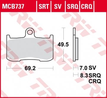 Фото автозапчастини гальмівні колодки шосейне sinter KAWASAKI Z, ZR, ZRX, ZX-9R; SUZUKI GSX, GSX-S; TRIUMPH DAYTONA, SPEED TRIPLE, STREET TRIPLE, TIGER 400-1300 1998-2020 TRW MCB737SV