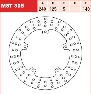 Фото автозапчасти тормозной диск задний Сталь толщина 5мм монтажных отверстий 5 диаметр фиксирующего отверстия 6,5мм APRILIA SR; GILERA FUOCO, NEXUS; PIAGGIO/VESPA BEVERLY, GTX, MP3, X7, X8, X9 125-500 2001-2015 TRW MST395
