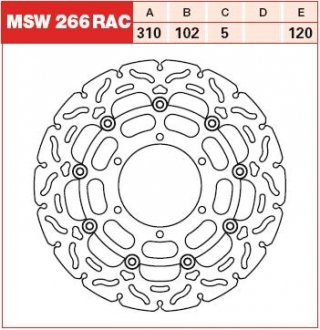 Гальмівний диск передня плаваючий товщина 5мм кількість монтажних отворів 6 діаметр фіксуючого отвору 8,5мм SUZUKI GSX-R 600/750/1000 2008-2016 TRW MSW266RAC