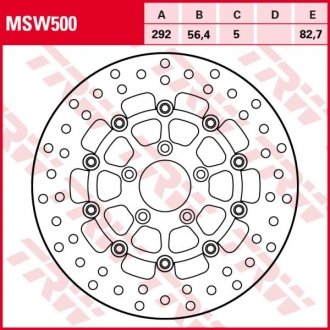 Фото автозапчасти тормозной диск передняя плавающая толщина 5мм количество монтажных отверстий 5 диаметр монтажного отверстия 8,7мм TRW MSW500