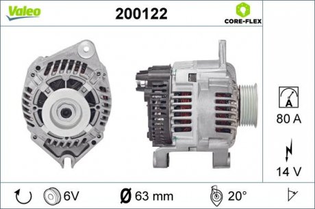 Фото автозапчасти генератор (14В, 80А) CITROEN BERLINGO, BERLINGO/MINIVAN, C4 II, JUMPER, JUMPY, XANTIA, XSARA, ZX; FIAT DUCATO, SCUDO; PEUGEOT 306, 308 I, 405 II, BOXER, EXPERT, PARTNER 1.6-2.1D 03.91-12.16 Valeo 200122