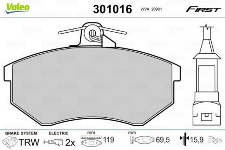 Фото автозапчасти колодки гальмівні VW P. GOLF/PASSAT/VENTO 86-98 Valeo 301016