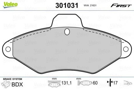 Фото автозапчасти колодки тормозные передние CITROEN XANTIA 2.0i 16V/2.1Turbo D 12V 06.95-04.03 Valeo 301031