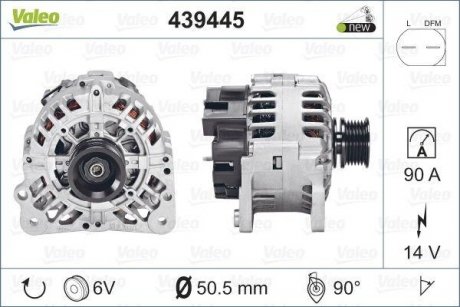 Фото автозапчасти генератор (14В, 90А) Audi A2, A3, A4 B5; OPEL ASTRA G; СЕАД ALHAMBRA, AROSA, CORDOBA, CORDOBA VARIO, IBIZA II, IBIZA III, IBIZA IV, IBIZA IV SC, IBIZA IV ST, INCA, LEON, TOLEDO I 1.0-3.2 07.90- Valeo 439445