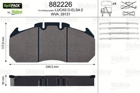 Колодки тормозные передние MERITOR Renault AGORA, MAGNUM, MIDLUM, PREMIUM, PREMIUM 2; IRISBUS CITELIS dCi11B/43-MIDR06.24.65C/42 01.96- (249,3x117,9x30) Valeo 882226