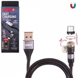 Фото автозапчасти кабель магнітний шарнірний USB - Micro USB 3А, 1m, black (швидка зарядка / передача даних) Voin VC-6601M BK