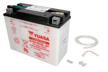 Аккумулятор Кислота/Обслуживаемая/Пусковая 12В 20Ah 240А R+ вентиляция с левой стороны 205x90x162 DUCATI GTL, GTV, SPORT 50-1400 1974- YUASA SY50-N18L-AT YUASA (фото 1)