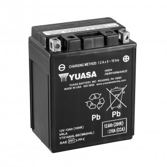 МОТО 12V 12,6Ah High Performance MF Battery AGM (сухозаряжений) Пусковий струм 210 (EN) Габарити 134х89х166. Полярність: - / +
Необслуговуваний акумулятор. Комплектується упаковкою електроліту.Спеціальний компонент в складі рідин YUASA YTX14AHL-BS