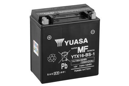 МОТО 12V 14,7Ah MF VRLA Battery (сухозаряжений) Пусковий струм 230 (EN) Габарити 150х87х161. Полярність +/- YUASA YTX16-BS-1